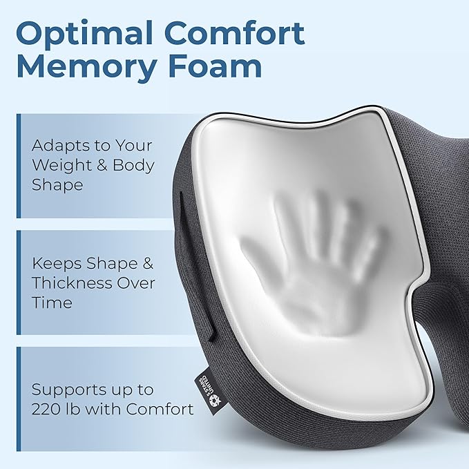 5 STARS UNITED Seat Cushion - Memory Foam Chair Cushion for Tailbone Pain Relief - Ergonomic Support for Coccyx, Sciatica & Butt - Office, Desk & Gaming Chair, Car Seat, Wheelchair, Airplane, Black