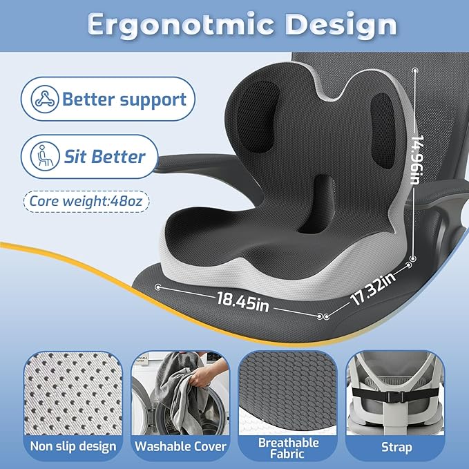 Seat Cushion,Memory Foam Chair Cushion for Office and Car,Ergonomic Coccyx Seat Cushion for Tailbone,Sciatic Nerve,Back Pressure Relief,Lumbar Support Pilow for Office,Car,Truck,Desk Chair