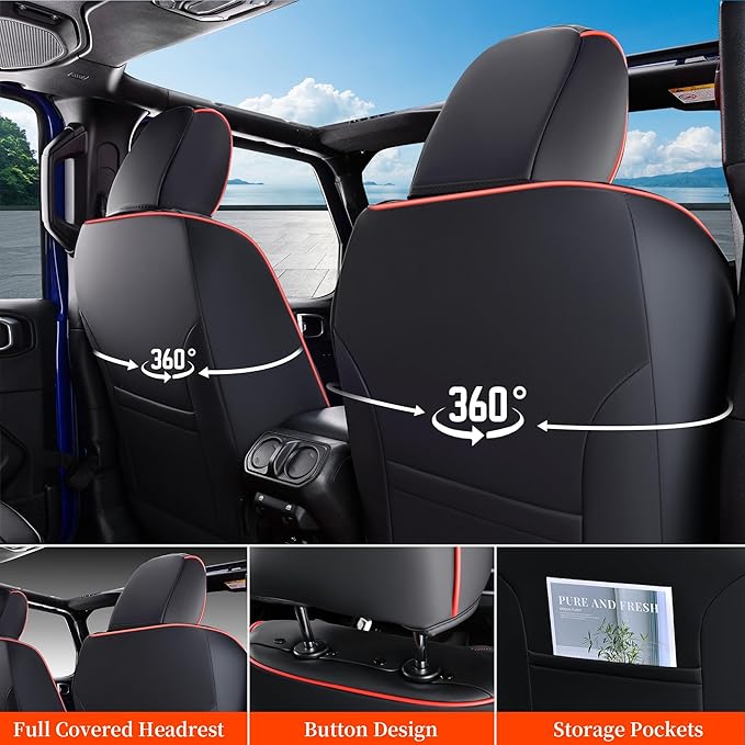 Coverado Seat Covers Full Set for Jeep Wrangler, Waterproof Car Seat Covers for Automotive Truck Seat Covers Custom Fit for 2008-2012 Jeep Wrangler JK Seat Covers for Cars 4 Door(Red Line)