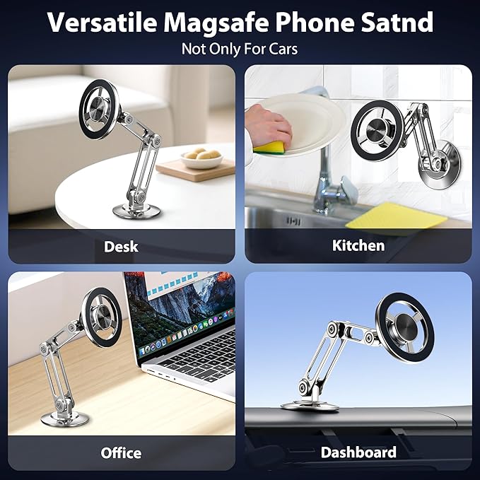 Ultra Magnetic Long-Arm Phone Holder Stand, Fits for MagSafe Car Mount Bracket【Windshield+Vent+Dash】, 360° Rotation Adjustable Strong Magnet Car Mount Desk Office Phone Cradle Holder, Silver