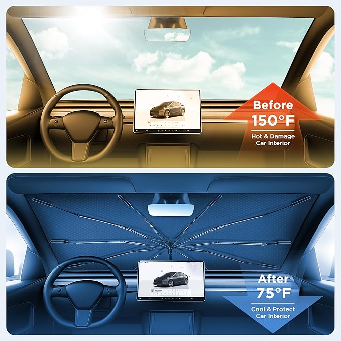 2026 Upgraded Windshield Sun Shade Umbrella [7-Layer Vinyl Coating Heat Shield] Foldable Front Window Sunshade Umbrella Flexible Handle Protect Interior from UV Keep Car Cooler (57" x 31")