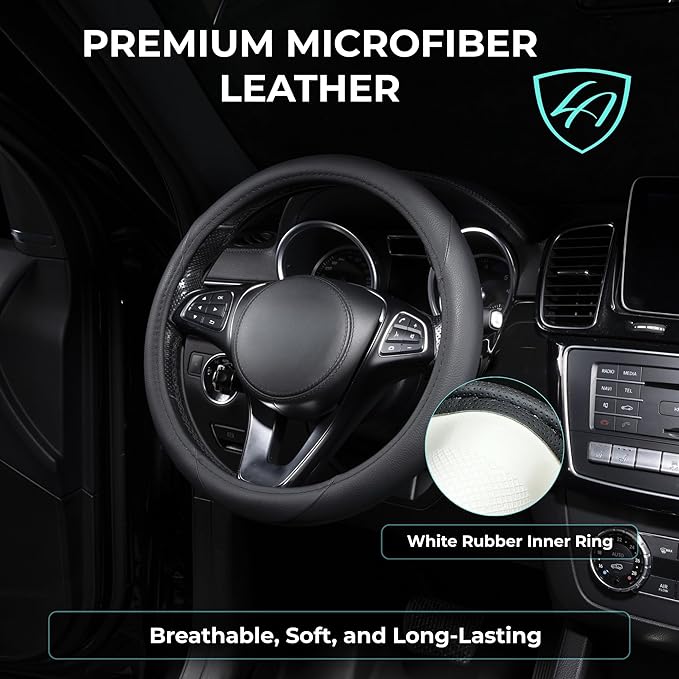Lord Autofashion Steering Wheel Cover – PU Leather, Non-Slip Rubber Inner, All-Season Comfort – 14.5–15 Inch (Black 7414)