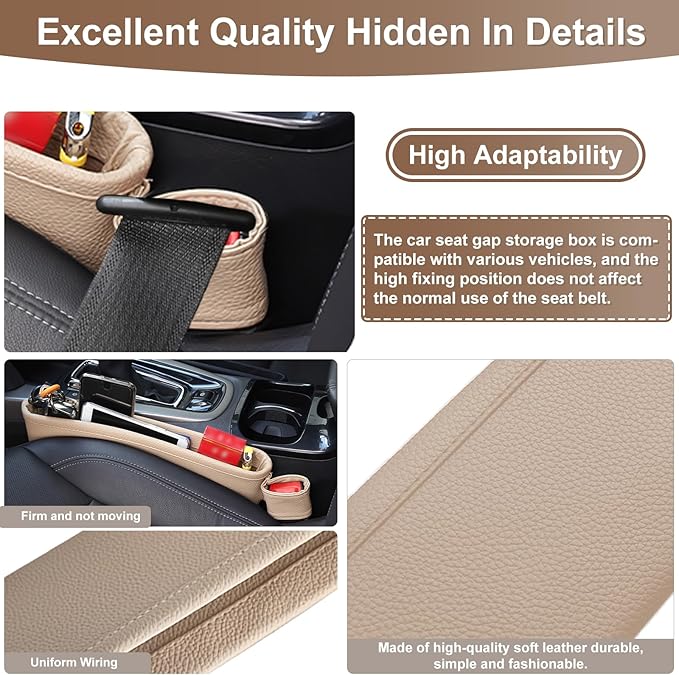 2 Pack Update Car Seat Gap Filler Organizer Leather Console Storage Box Front Side Pocket Seats Organizers Filler Interior Car Accessories for Phone Wallet Coin Key Sunglasses (Off-White)