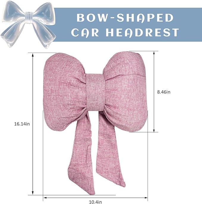 Sun Walker Bow Car Headrest Pillow, Breathable Bow-Shaped Vehicle Neck Pillow with Adjustable Strap, Ergonomic Neck Support Cushion Driving Seat Decoration for Women Girls (Pink)