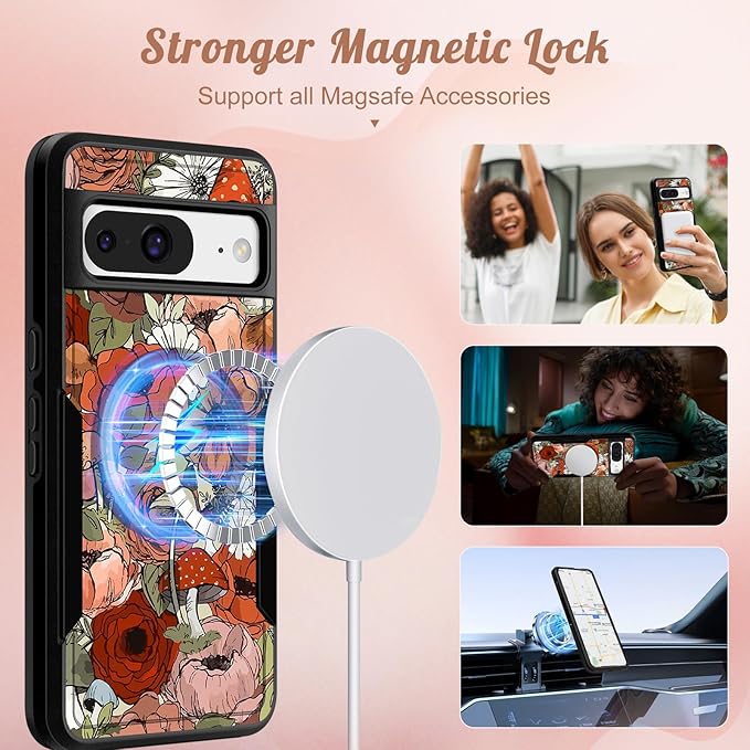 for Google Pixel 8 Case 6.2 Inch - Compatible with MagSafe Women Girls Cute Magnetic Protective Cover Girly Mushroom Flower Heavy Duty Shockproof Design for Google Pixel 8 Phone Cases