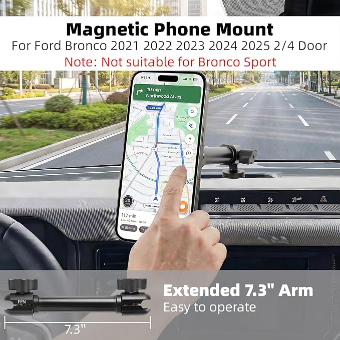 Aluminum Alloy Phone Mount for Ford Bronco 2021 2022 2023 2024 2025 2/4 Door, Dual 1" Ball 360° Rotation, Strong Magnetic Phone Holder for MagSafe iPhone 17 16 15 14 13 12 Series
