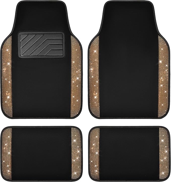 CAR PASS Bling Diamond Car Floor Mats, Shining Rhinestone Carpet Sparkly Glitter Crystal with Anti-Slip PVC Heel Pad Waterproof Universal Fit Automotive SUV,Sedan,Van,Cute Girl Women,4pcs Golden