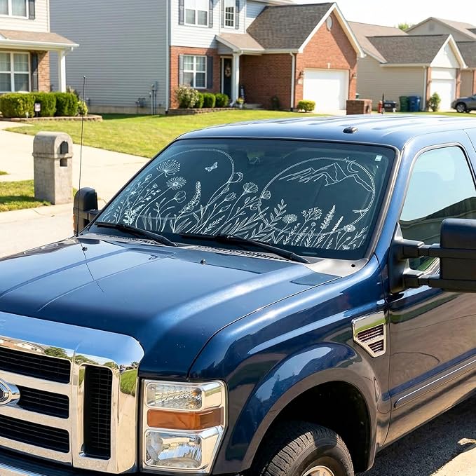 63"x28.5" Car Windshield Sun Shade with Storage Pouch, Stylish Printed Front Window Sunshade with Double Ring Frame, Universal Fit Foldable Heat Blocker & UV Protector for SUV, Sedan (Line Plants)