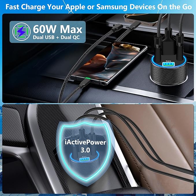 USB Fast Car Charger, Stuffcool 60W 2USB-A + 2QC3.0 Car Power Adapter 4-Port Car Charge Cigarette Lighter USB Charger Car Carplay Charger for iPhone 17 17 Pro 16 15 14 13 12/Galaxy S26 S25/Pixel/iPad