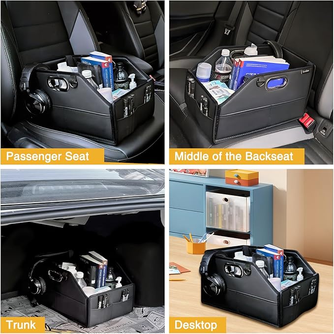 Car Seat Organizer for Back Seats&Front-Foldable PU Leather Storage with Adjustable Dividers,2 Cup Holders&7 Mesh Pockets-Detachable Design with Metal Handles for Kids Travel,Toys,Snacks