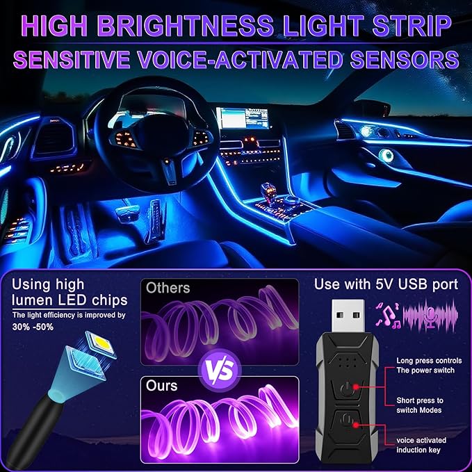 LivTee Smart Car LED Interior Lights with USB Port, LED Strip Fiber Optic Lights, Wireless App Control, Sync to Music, Car Accessories Gifts for Women and Men, 5 in 1
