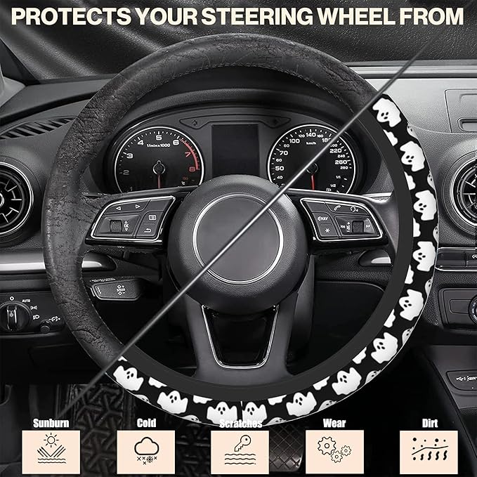 Halloween Ghosts Steering Wheel Cover, Elastic Non-Slip Steering Wheel Protector,Auto Interior Decor for Women Girls,Universal 15" Fit for Sedans,Trucks