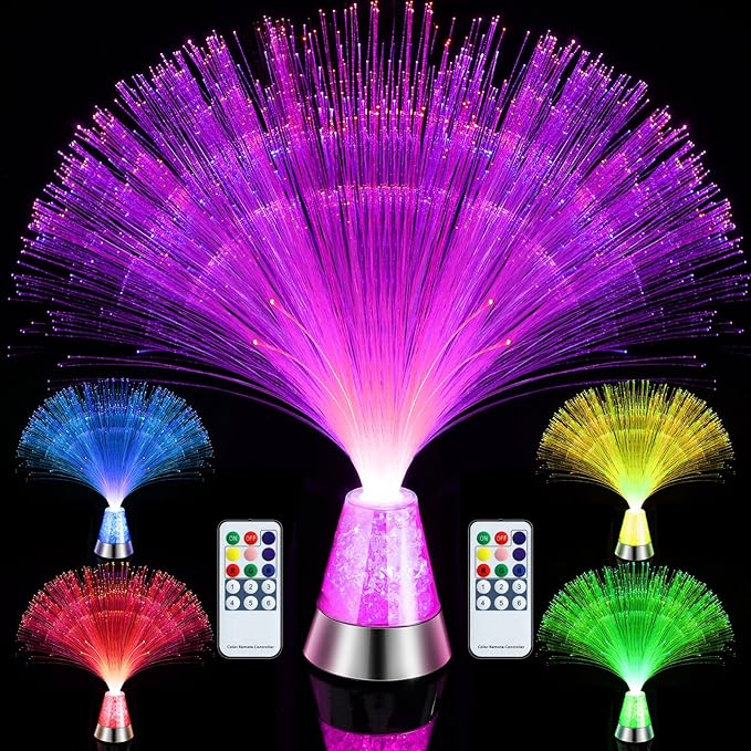 2 Pack LED Fiber Optic Lamp with Remote Control, 13.5" Multicolored Changing Fiber Optic Lights, Crystal Base Battery Powered Glitter Light for Room Wedding Disco Party Birthday Carnival Holiday