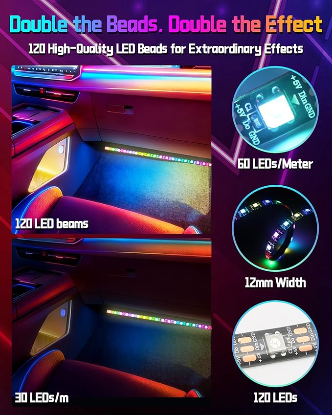 Interior LED Lights for Car, Flexible LED Strip with App and Remote Control, USB-A/C RGB Lights with DIY Mode and Music Mode, 72 LEDs