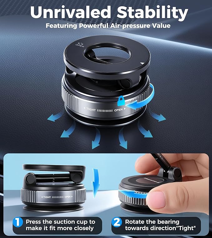Vacuum Magnetic Phone Holder for Car 360° Adjustable Magsafe Car Mount - Compatible All Smart Device Phone Mount, Secure GPS & Call, Magsafe Accessories & Car Stuff - Black
