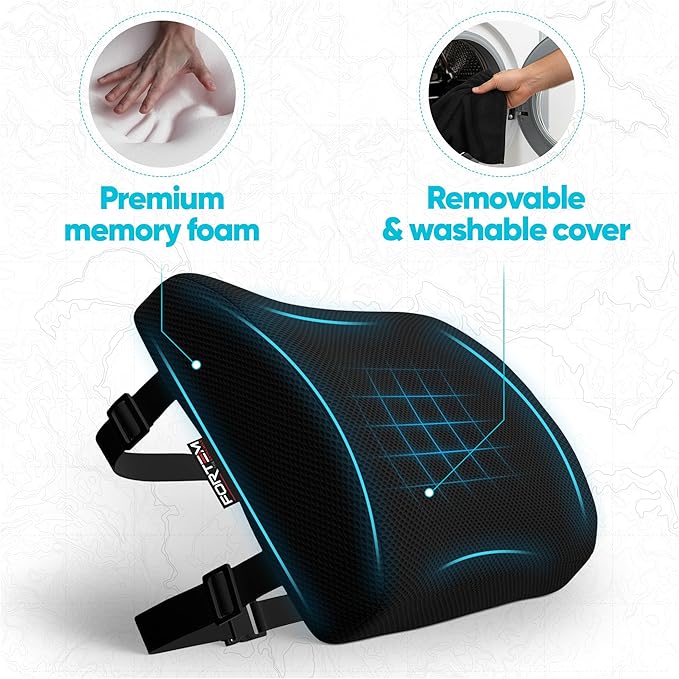 FORTEM Lumbar Support Pillow for Office Chair, Lumbar Support Pillow for Car, Back Rest for Gaming, Memory Foam Pillow, Desk Chair Cushion, Breathable & Washable Cover, Adjustable Straps