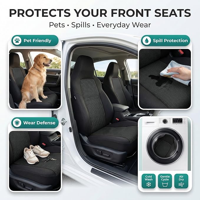 FH Group Car Seat Covers Classic Cloth Seat Covers Full Set with Gift – Universal Fit for Cars Trucks & SUVs (Black) FB102114