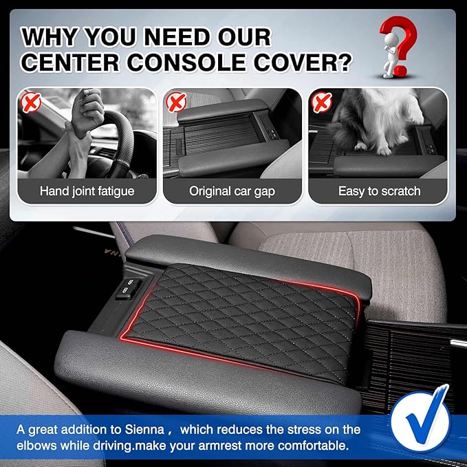 Autorder Center Console Cover for Toyota Sienna 2021-2025 2026 Accessories Memory Foam Armrest Cushion with Anti-Scratch Leather Protector Covers Black