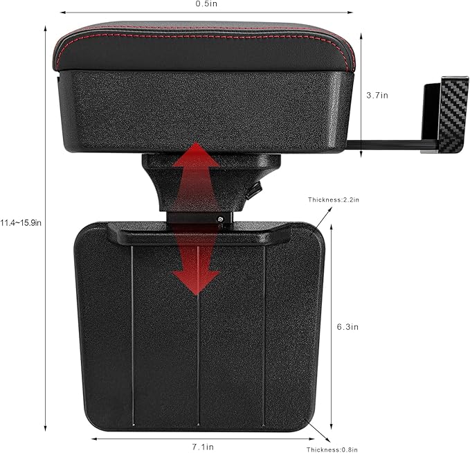 Car Armrest Storage Box with Cup Holder, Adjustable Leather Auto Seat Gap Filler Armrest Extender Pad, Liftable Forearm Wrist Support Center Console Storage Case for SUV Truck (Black & Red)