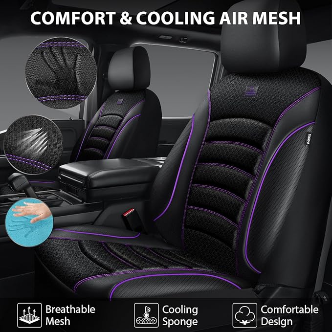 CAR PASS Comfortable 3D Foam Mesh Leather Car Seat Covers Front, Air Cool Mesh Breathable Front Seat Covers for Car, Universal for SUV Truck Sedan Automotive, Airbag Compatible,Black Purple