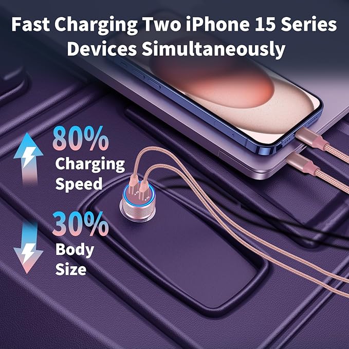 [Apple MFi Certified] iPhone 17 Car Charger, Linocell 90W Dual USB C Power Cigarette Lighter Car Carplay Charger with 2Pack Type C Braided Cable for iPhone 17/17 Pro Max/16 Pro/15/Galaxy S26/S25/Pixel