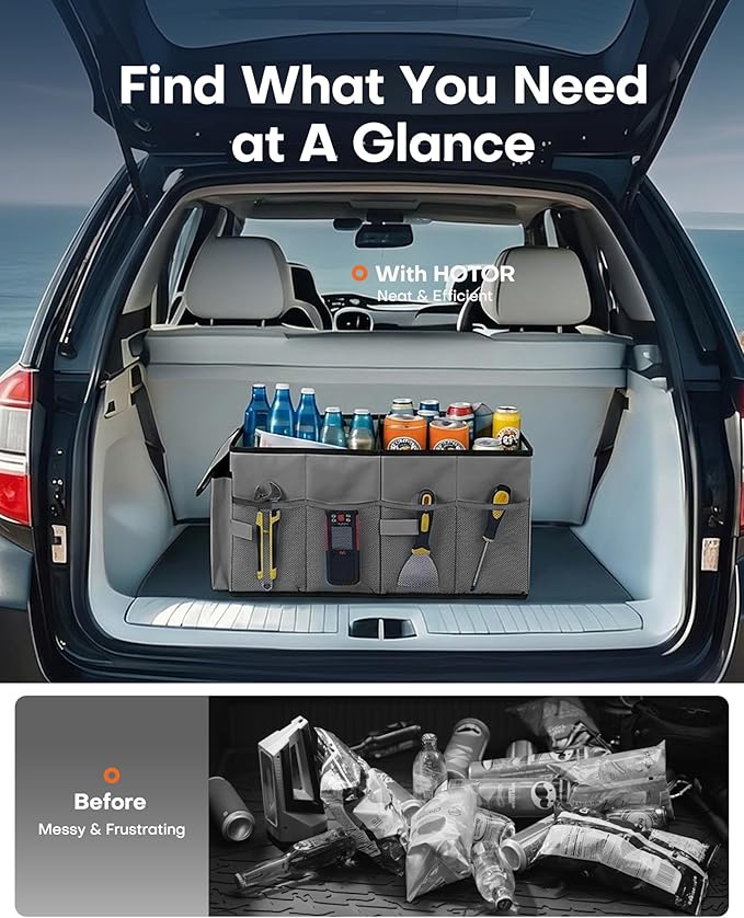HOTOR Trunk Organizer for Car - Car Organizer, Foldable Trunk organizer for SUVs & Sedans, Sturdy Organization for Car Accessories, Tools, Sundries, Grey, 2 Compartments, 21.3"×12.6"×10.6"