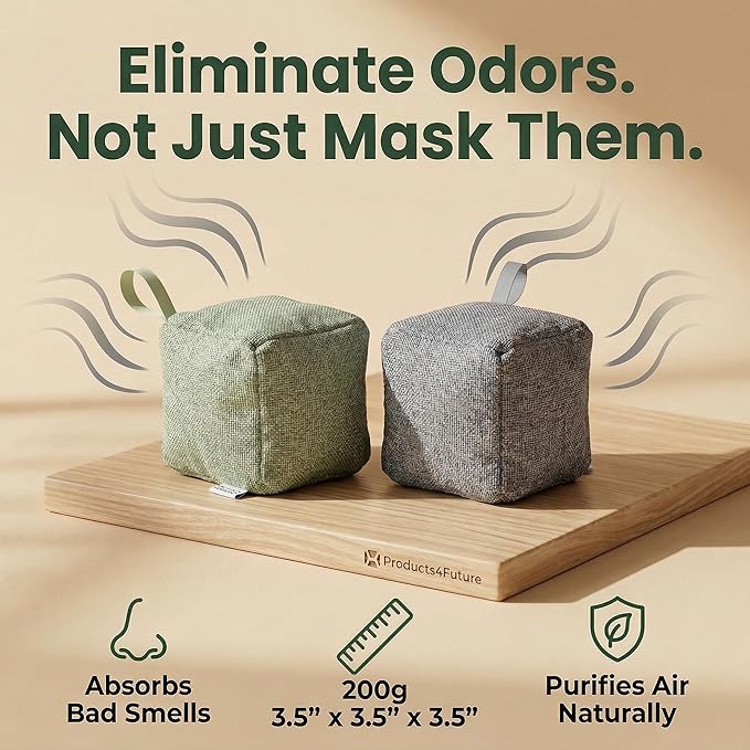 4 pack Naturally Activated Bamboo Charcoal Air Purifying Bags | Natural Home Deodorizer Bag | Charcoal Bag Odor Absorber For Pets | Odor Eliminator & Moisture Absorber Air Freshener Bag (200g Cube)