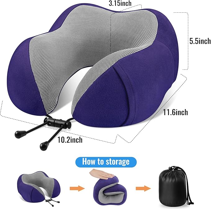 CloudBliss Travel Pillow Premium Memory Foam, Comfortable & Supportive Neck Pillow, Sleeping Neck Pillows for Travel, Airplane Pillow for Sleeping Airplane, Car, Office and Home（Navy）