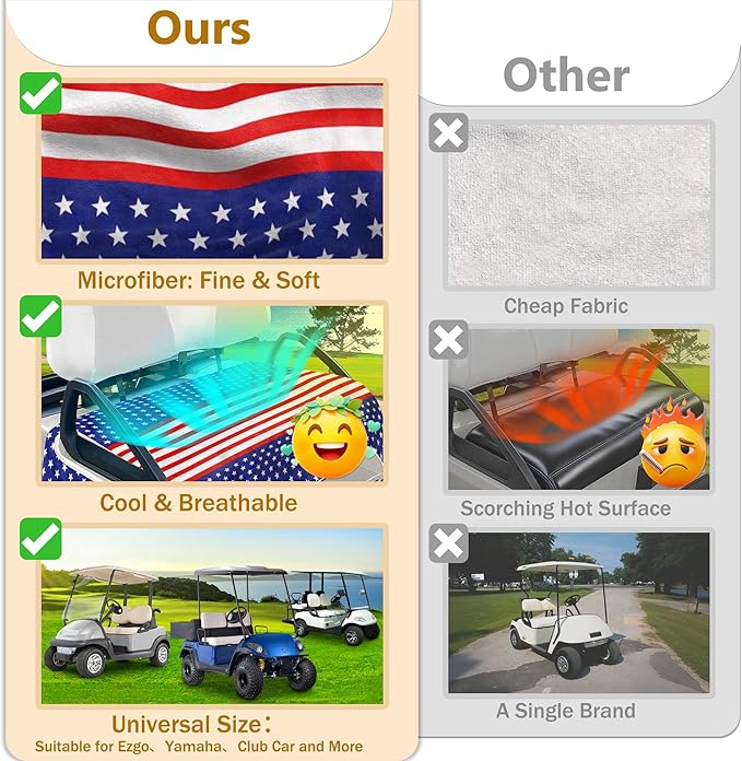 YOKYHOM American Flag Golf Cart Seat Covers for 2/4-Seater, Patriotic USA Seat Towel Blanket Keeps Seats Cool & Clean for Summer, Microfiber Fits EZGO, Club Car, Yamaha, 51"x31"