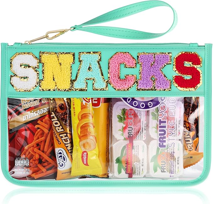 Snack Bag for Travel - Clear Chenille Varsity Letter Flat Pouch with Zipper, 12.2×8.46 inch Waterproof Clear Nylon Preppy Patch Makeup Cosmetic tote Bags for Women Girls