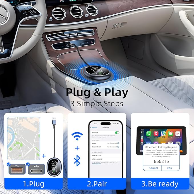 for Apple Wireless Carplay Adapter, Converts Wired to Wireless, Plug & Play, No Delay, Mini Carplay with USB & USB C, Compatible with iPhone 6 or above/iOS10+ & Cars from 2016 (Gray) (Carplay B)