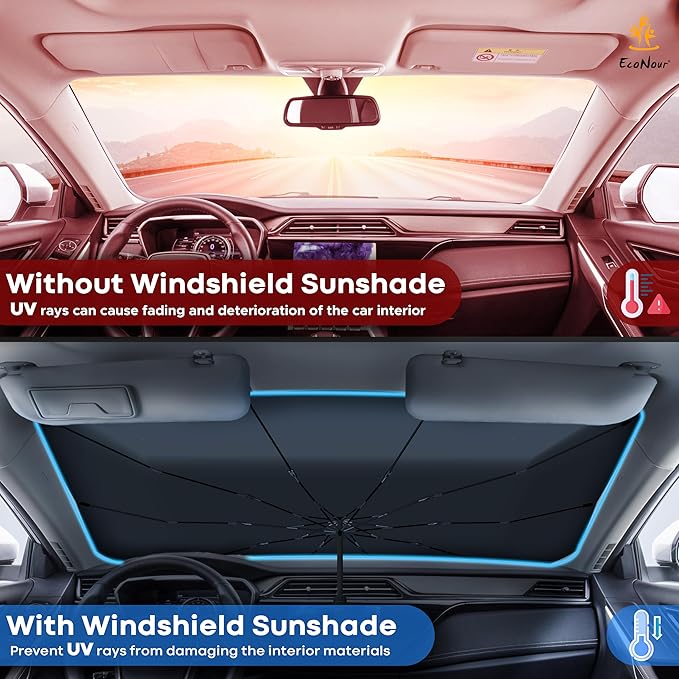 EcoNour Car Windshield Sun Shade | Foldable Car Umbrella Sun Shade | Windshield Cover Sunshade Blocks UV Rays | Sun Visor Protector | Automotive Interior Sun Protection Accessories (Medium 53" x 30")