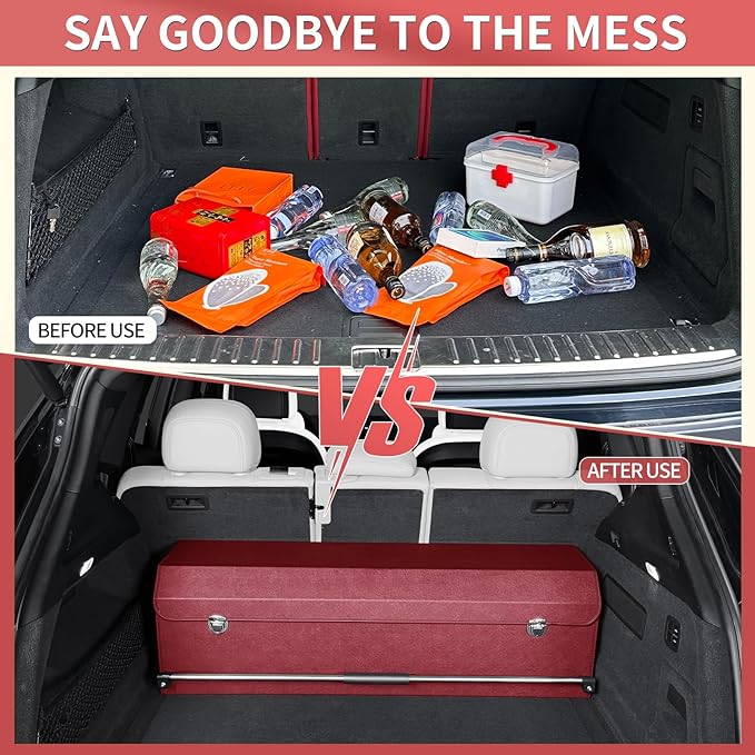 Car Trunk Organizer for Honda CR-V 2017-2022, Collapsible Sturdy Trunk Storage Container with Lid and Handle Large Leather Car Trunk Storage (Red,39.7 x 11.4 x 12.2in)