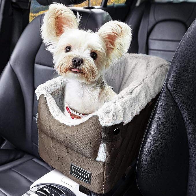 PETSFIT Center Console Dog Car Seat with Safe Protection Hooks, Pet Car Seat with Upgraded Safety Tethers, Washable Cushion, Console Dog Car Seats for Small Dogs (Coffee)