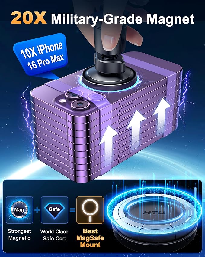 HTU [2026 True Military-Grade] Magnetic Car Mount Vent [Upgraded Strongest Magnet & Metal Hook] for MagSafe Phone Holder Car for iPhone 17 16 15 14 13【Patent & Safety Cert】, Non-Charging, Royal Blue