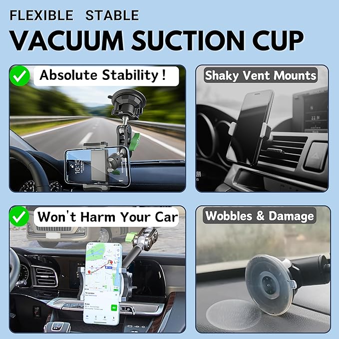 Car Phone Holder-Phone Mount for Car Windshield & Truck-Holder with 360° Rotating Metal Arm-Mount with Super Stable Suction Cup for All Vehicles