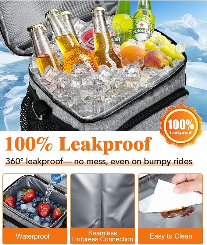 Insulated Lunch Bag for Men & Women, 9L Leakproof Lunch Box Soft Cooler Tote with 5 Pockets, 600D Oxford, EVA Lining, Adjustable Strap for Work, Picnic, Beach&Travel-Grey