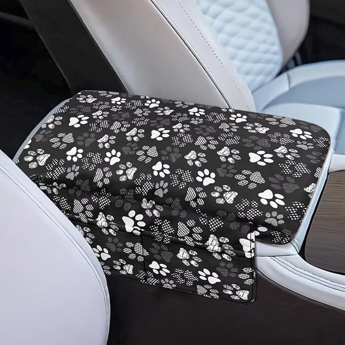 Dreaweet White Dog Paw Center Console Armrest Pad Cover Thick Car Armrest Cushion with Storage Bag Soft Comfortable Arm Rest for Car Center Console Universal Fit SUV Truck Sedan