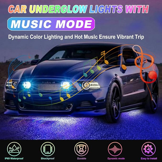 YUGUANG 4Pcs Underglow LED Lights for Cars, 16 Million Colors APP Control Car Underglow Kit Music Sync RGB Under Glow LED Car Strips Light Kit for Cars Trucks SUVs