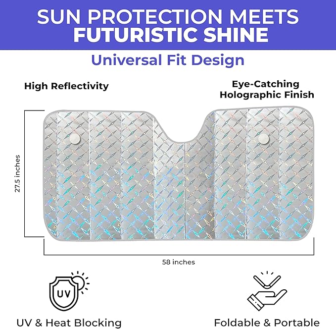 EcoNour Large Holographic Car Windshield Sunshade | UV & Heat Reflector Sun Shield for Cars | Foldable Accordion Design | Fits Sedans, Hatchbacks | Large - 58 x 27.5 Inches