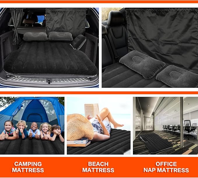 Tallew 12 Pcs Car Air Mattress Back Seat Inflatable Bed, 52 x 31.8 in Thickened PVC Flocking Leak Resistant Air Bed for SUV Truck Car Camping with Window Shade Curtain Portable Travel Sleeping Set