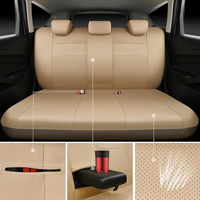 CAR PASS Leather Seat Covers Full Set Universal Water Resistant 3D Foam Back Support, Luxury Comfort Automotive 5 Seat Covers All Season Fit for SUV,Sedan,Van, Airbag Compatible Elegance (Beige)