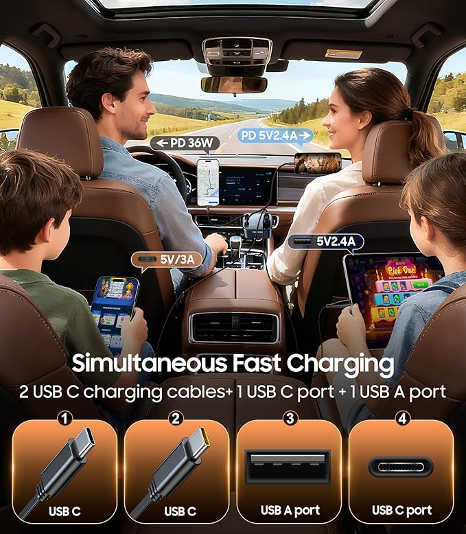 Temdan 69W Retractable Car Charger, 4 in 1 Fast Charger USB C Car Truck Accessories for Men Women, Car Accessories for Valentines Day Gifts for Him Her, Travel Essentials for iPhone 17 Pro Max,Galaxy