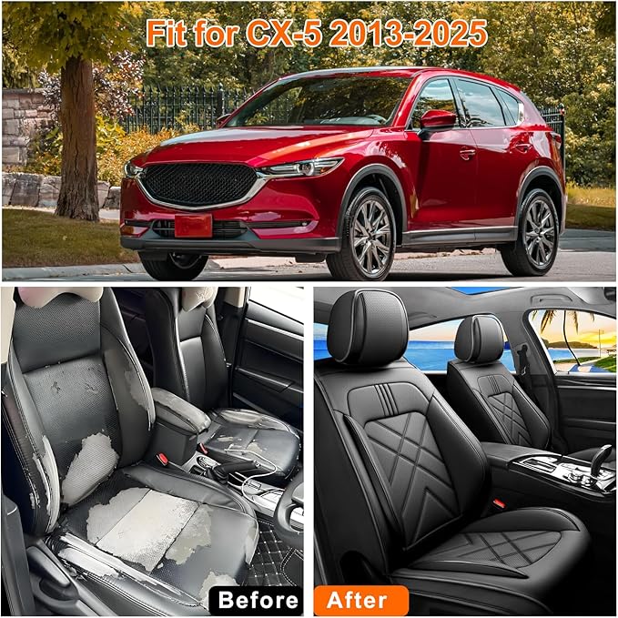 CX-5 Car Seat Covers Custom Fit for Mazda CX-5 2013-2025 2026, Full Coverage Leather Waterproof Breathable Seat Covers, Automotive Seat Protectors, Airbag Compatible(2 Front Seats, Black)