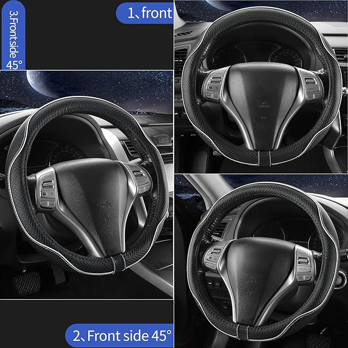 Leather Car Steering Wheel Cover,Anti-Slip, Safety,Soft,Breathable,Heavy Duty,Thick,Full Surround, Sports Style,Universal Car Accessories for Women Men Fit 14" 1/2-15"(Black with White line)