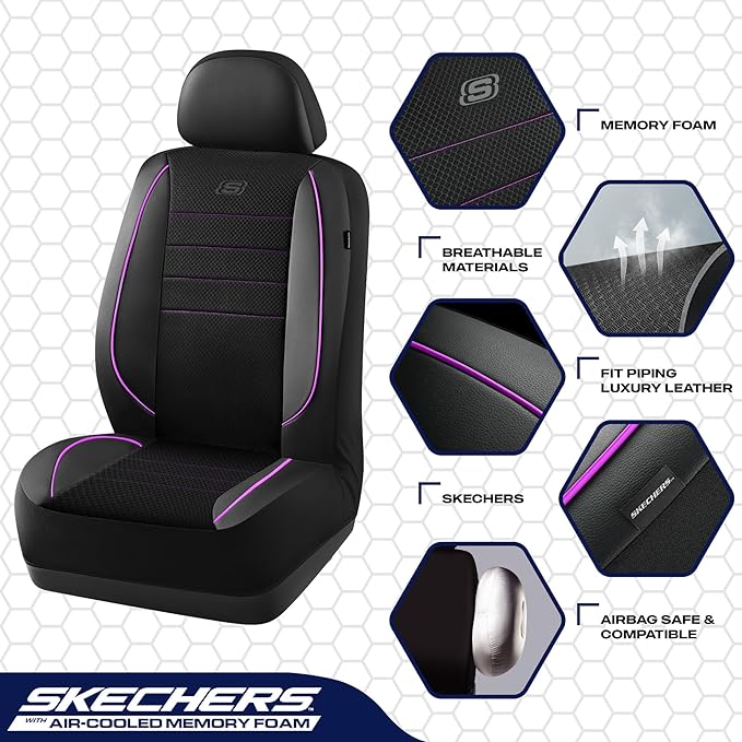 Skechers Air-Cooled Memory Foam Seat Covers,Mesh Thick Car Seat Covers,Piping Leather Car Seat Cover,Airbag Compatible,Automotive Comfort for Most Cars, Vans, Trucks, SUV(Purple, Full Set)