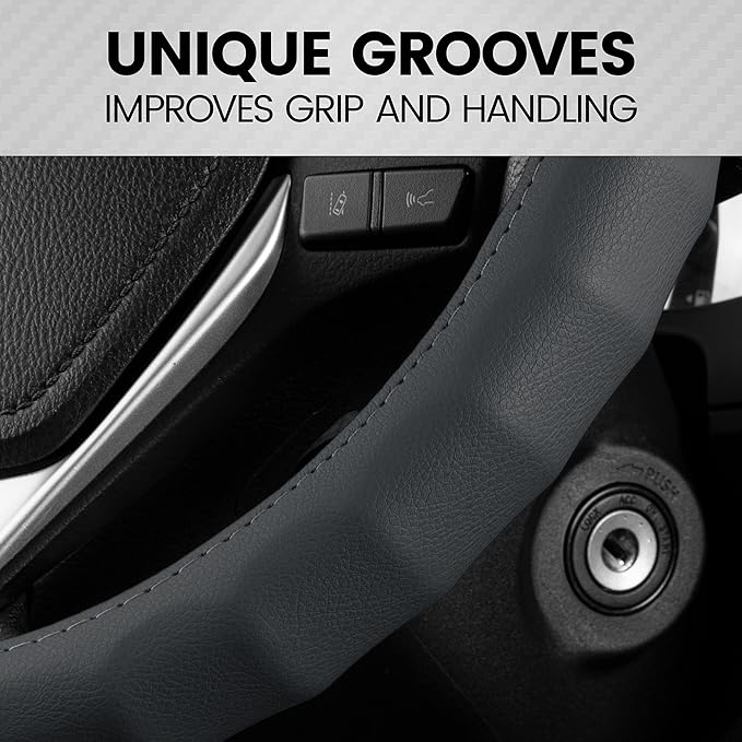 BDK SW-899-MG Genuine Leather Car Steering Wheel Cover 14.5-15 inch Medium/Gray, Easy Installation