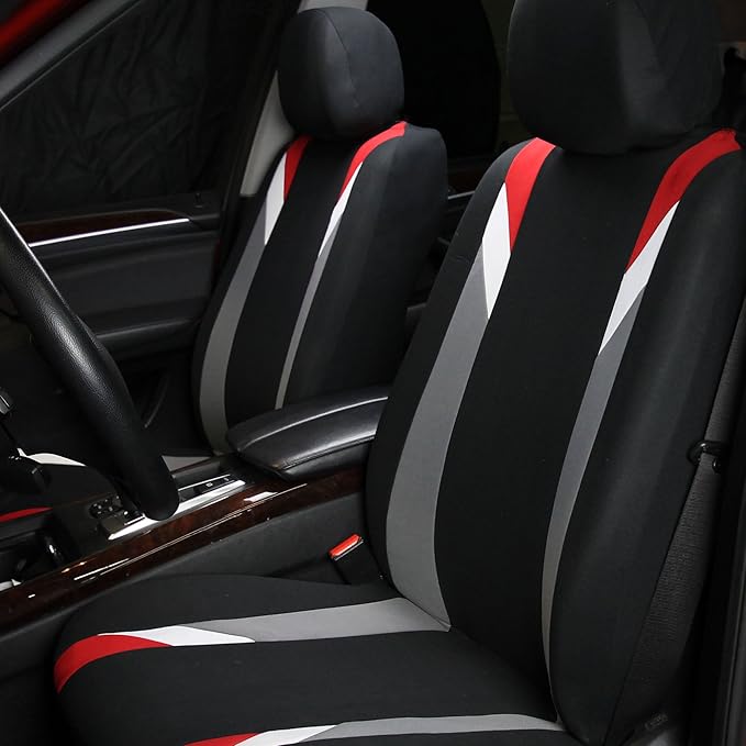 FH Group Car Seat Covers Premium Modernistic Flat Cloth Car Seat Covers Front Seats Only Red Black, Airbag Compatible Universal Fit Interior Accessories Cars Trucks SUV Car Accessories Protector