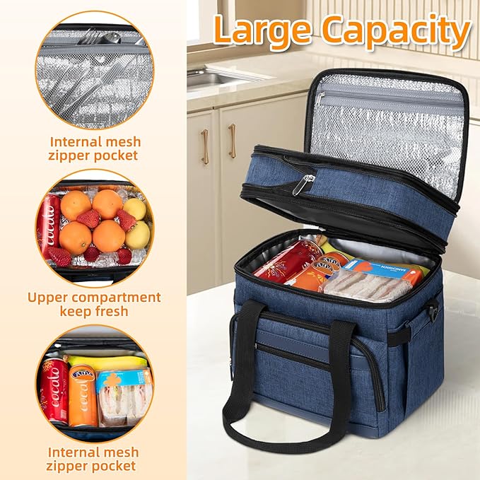 Insulated Lunch Box for Men & Women - Double Layer Leakproof Lunch Bag with Adjustable Shoulder Strap, Expandable Food Cooler for Work, Office, Travel, Camping (Dark Blue)
