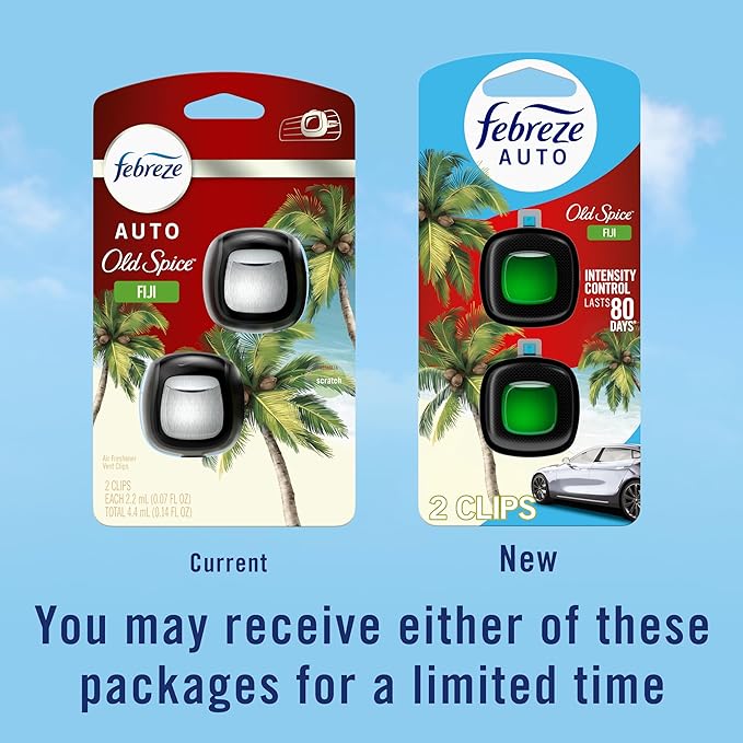 Febreze Odour-Fighting Auto Air Freshener, Car Vent Clip, Old Spice Fiji, 4ct